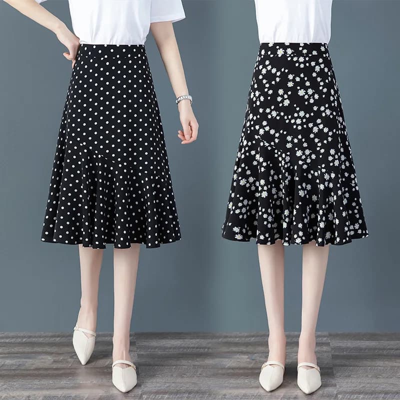 Gonna in chiffon a stampa floreale da donna, a vita alta, a trapezio, a pois, midi, a coda di pesce, nuovo stile estivo, stile coreano, per il commuting