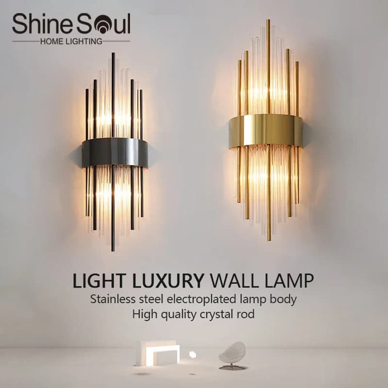 Lampada da Parete in Cristallo di Lusso Nordico, Applique LED in Acciaio Inox Nero e Oro per Soggiorno, Scale, Camera da Letto, Comodino, Decorazione d'Interni