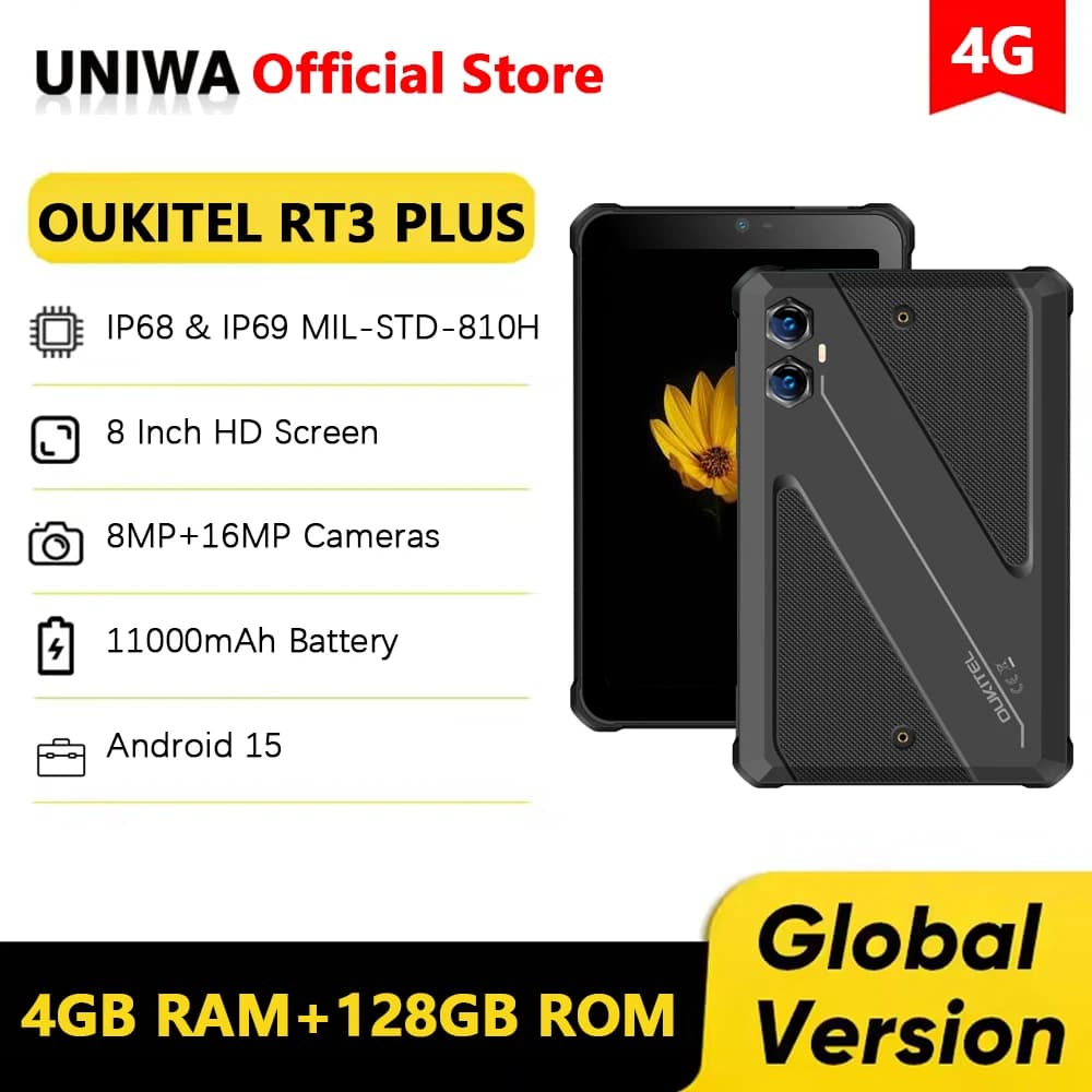 Oukitel RT3 PLUS 4G Tablet robusto 8 pollici HD 16GB (4+12)+128GB Smart Pad 11000mAh 16MP IP68 e IP69K Tablet PC Android 15 NFC