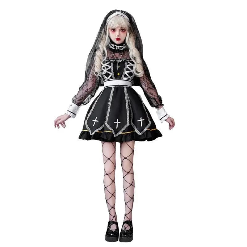 Costume di Halloween da Suora Gotica, Abito da Fantasma per Carnevale, Abbigliamento Tradizionale da Donna per Spettacoli di Fantasia Scura