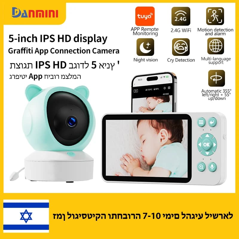 Danmini Baby Monitor Display IPS HD da 5 pollici App Tuya Telecomando Citofono bidirezionale Telecamera di sorveglianza interna per neonati