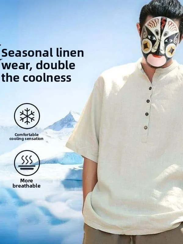 Loose Fit Men's Cotton Linen Short Sleeve T-Shirt Tang Costume Male Fashion Summer Clothing Thin Grain Male Wind Style Top