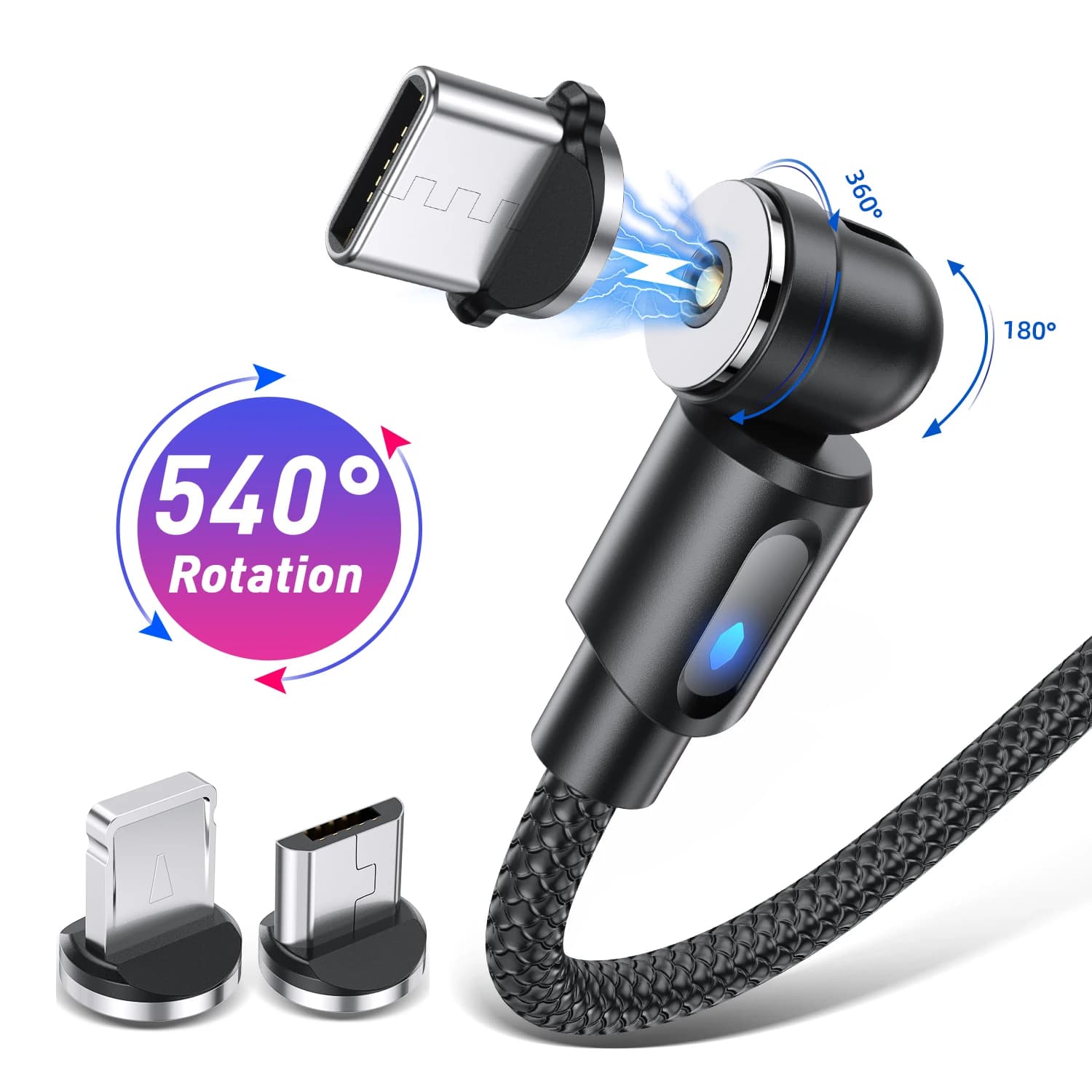 Magnetic cable type C micro USB cable charger for phone rotating data cable from 540 degrees with LED for iPhone Xiaomi Huawei Samsung