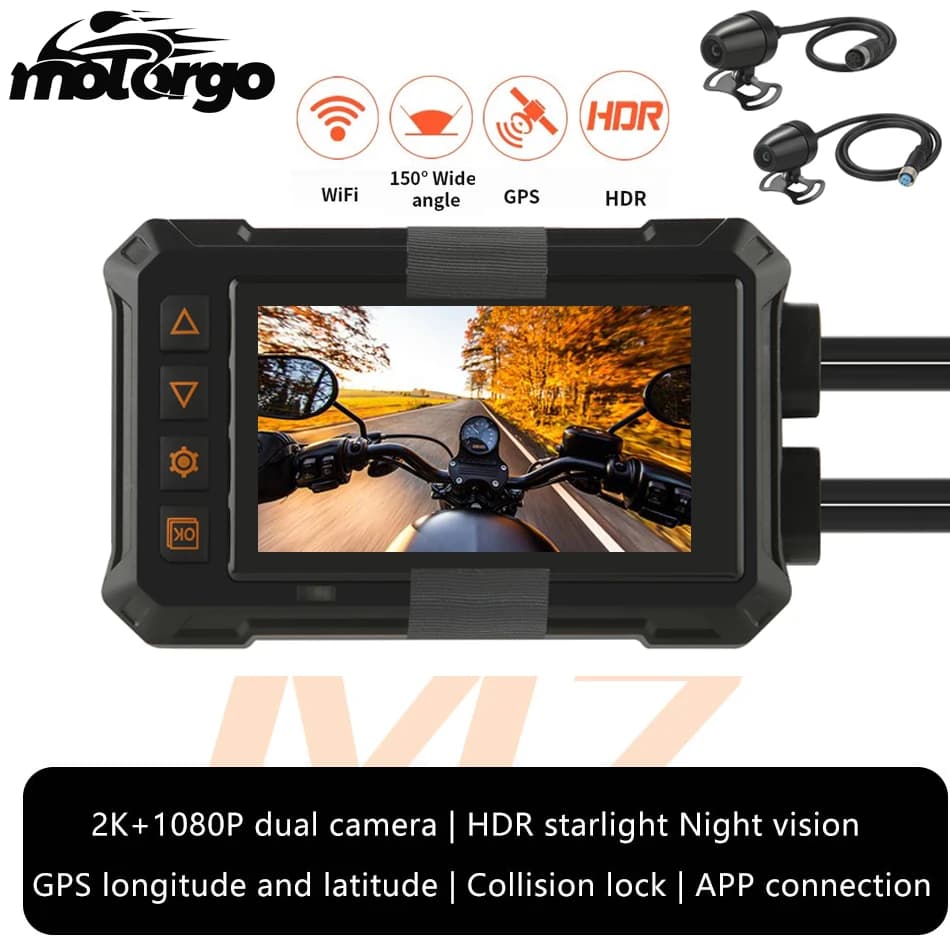 M7 Motorcycle Dash Cam 2K+1080P Dual Lens WiFi GPS EIS Anti-Shake HDR Night Vision 3" IPS Waterproof Recorder with Collision Loc