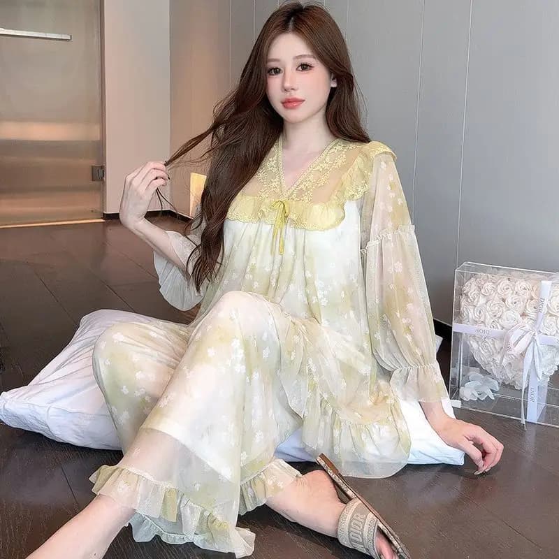 New V-neck Long-sleeved Printed Pajama Set Spring Summer Sweet Simple Comfortable Tops + Trousers Two-piece Suit Women Sleepwear