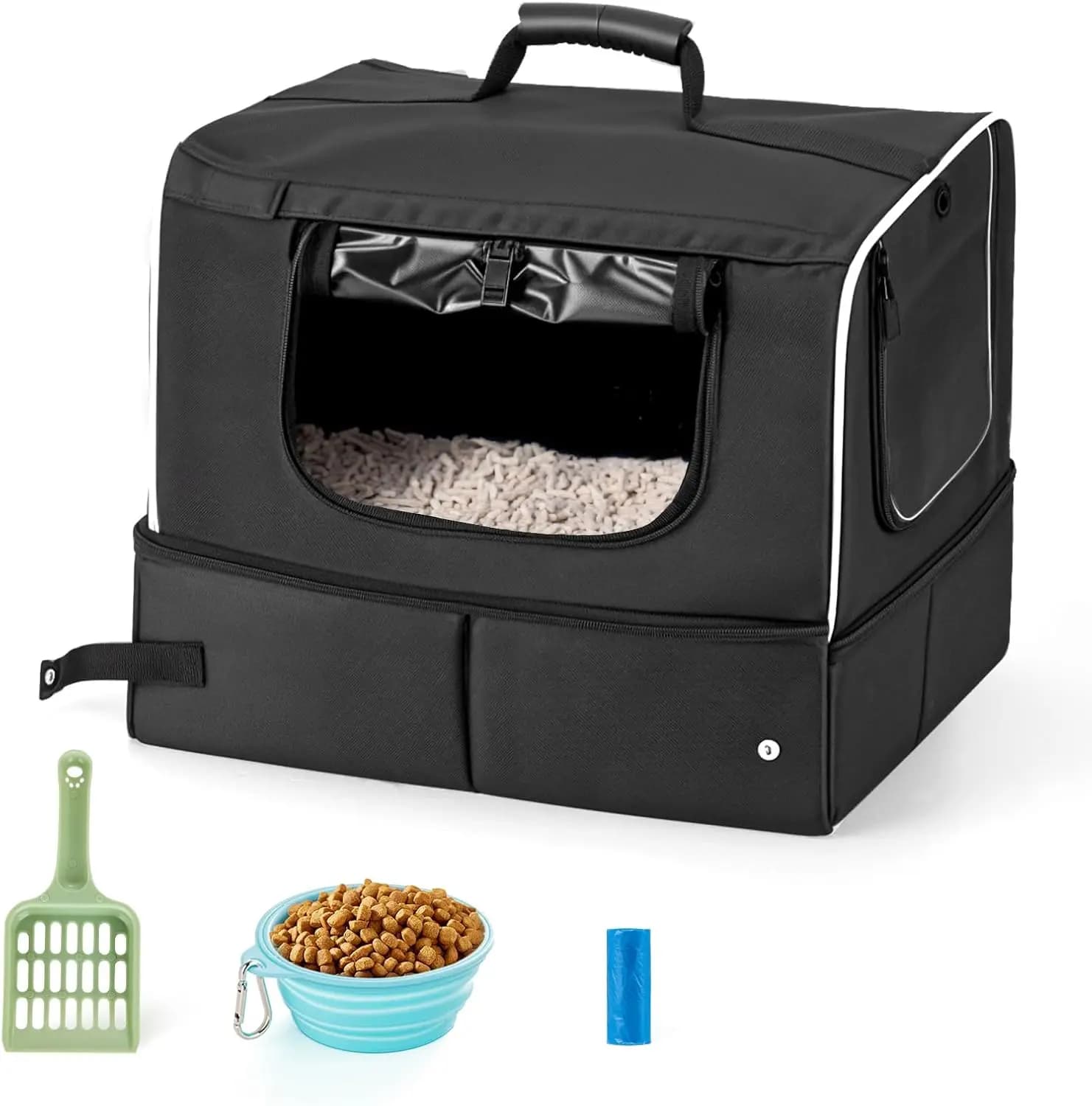 Kit Lettiera da Viaggio Chiusa per Gatti con Coperchio, Inodore e Senza Polvere, Lettiera Portatile Pieghevole Leggera per Gatti da Interno