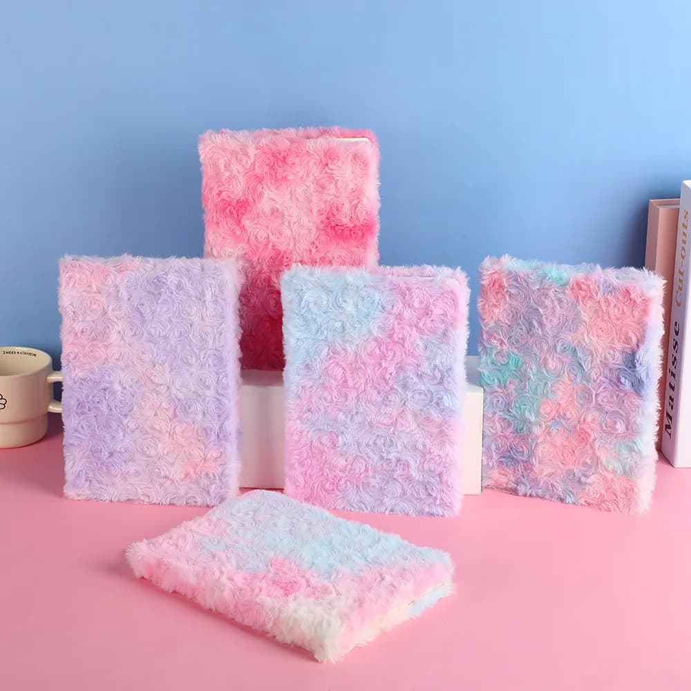 Taccuino in Pelliccia di Coniglio con Rosa, Blocco Note Creativo Morbido e Peloso, Agenda per Bambini con Colori Sfumati, Regalo per San Valentino