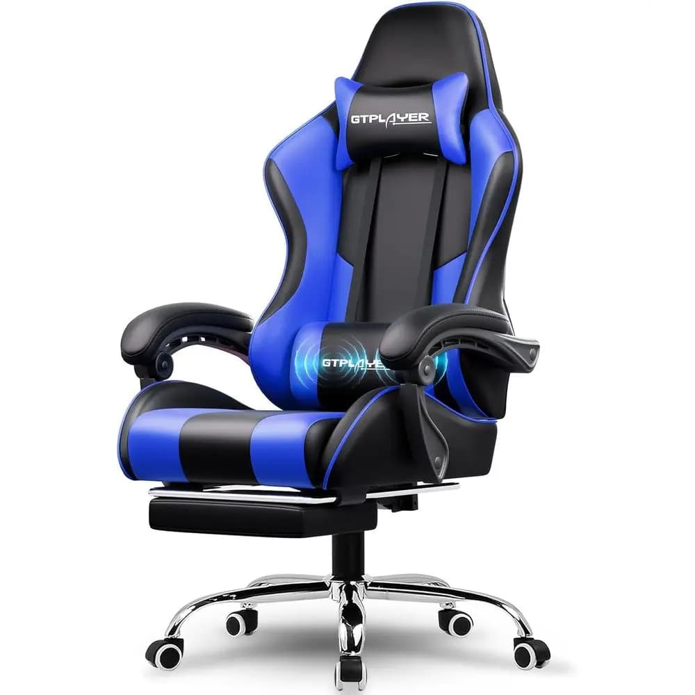 Sedia da gaming regolabile in altezza con supporto lombare, 360 ° Poltrona Girevole e Pouf (Pelle Sintetica, Blu)