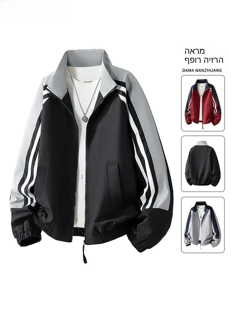 Men's Stand Collar Jacket Spring New American Style Sporty Casual Oversize Flight Jacket Cool Color Block Polyester Fashion