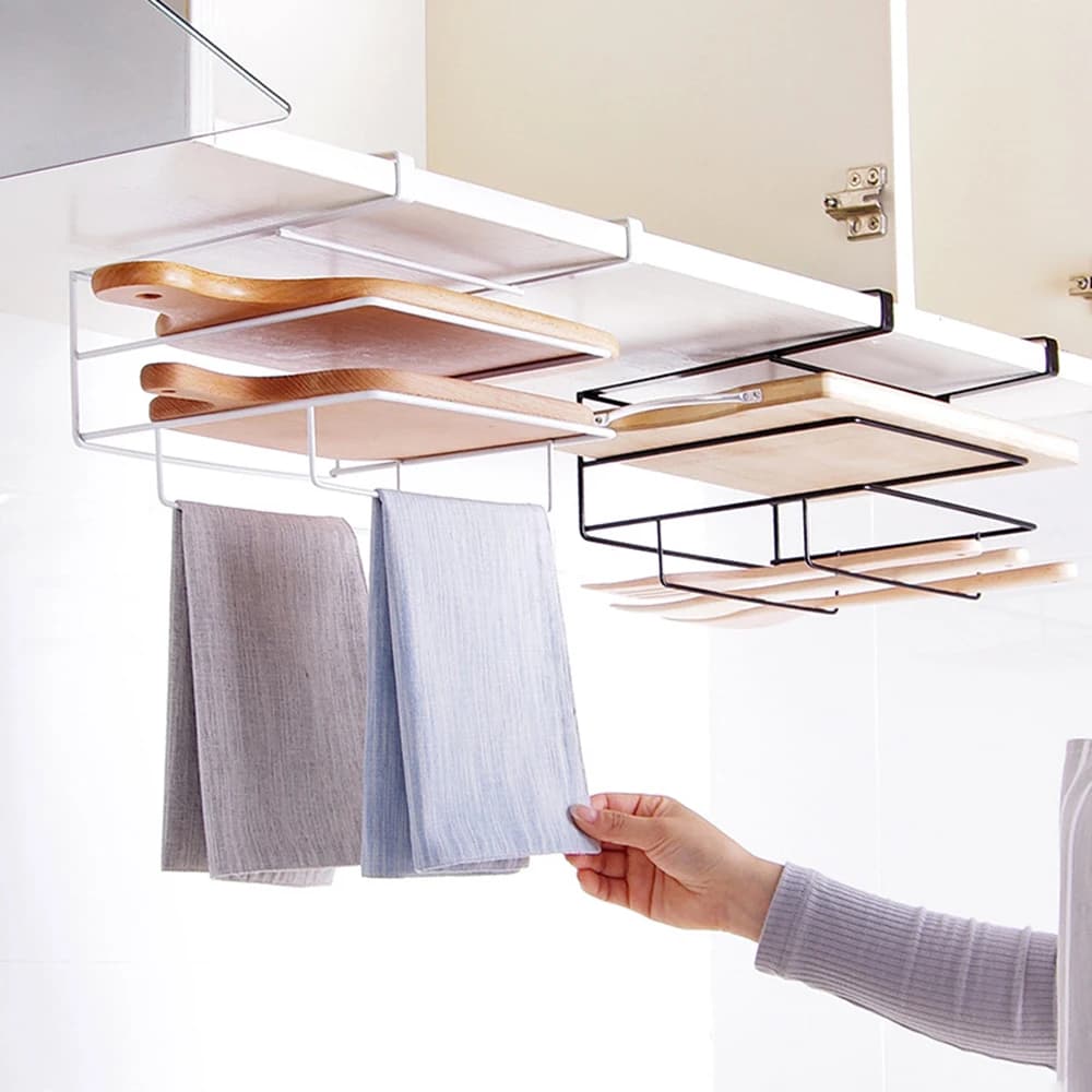 Mensola da cucina per tagliere, appendiabiti per armadio a doppio strato senza perforazione, straccio, stoccaggio per tagliere e finitura in ferro
