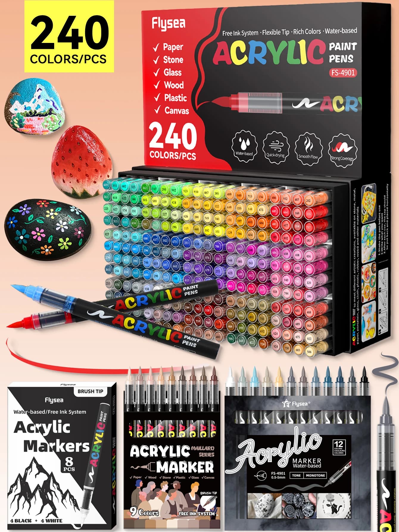 Direct Liquid Soft-Tip Acrylic Marker Set with 9-240 Colors, Non-Bleeding Watercolor Pens for Art Students DIY Coloring, Suitable for Rock Painting, Calligraphy, Scrapbooking, Handwriting, Card Making, Black Cardstock, Stone Painting, Wood, Plastic, Canvas, Suitable for Students and Office Professionals