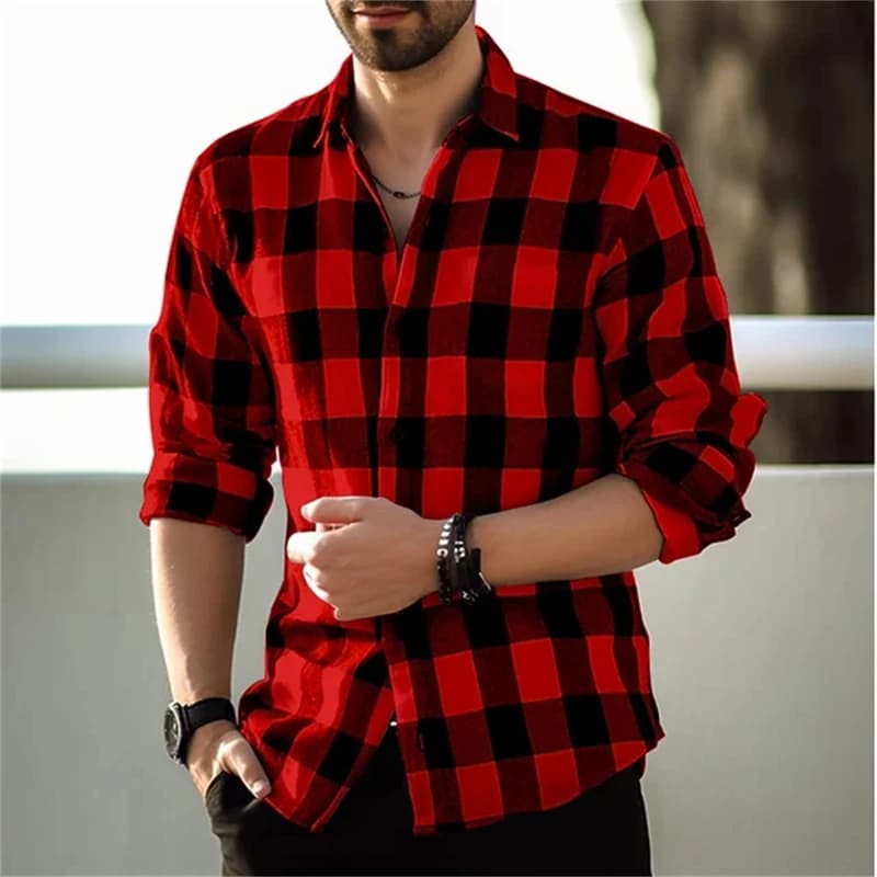 2024 New Polo Collar 3D Printed Casual Slim Fit Long Sleeve Checkered Digital Printed Shirt for Men Comfortable Fabric