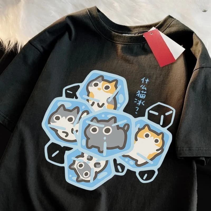 Ice Cream Cat Fun Cartoon Cat Print Breathable T-Shirt, Comfortable and Casual Summer T-Shirt Summer Streetwear Personality Y2K