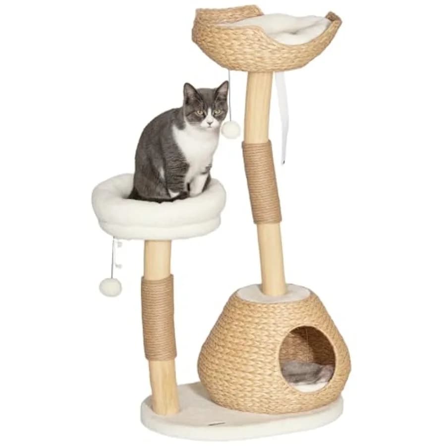 Tiragraffi per Gatti da Interno 41 in Legno con 2 Tiragraffi a Ramo Naturale, Letti Condo di Lusso, Palle Gioco per Gattini