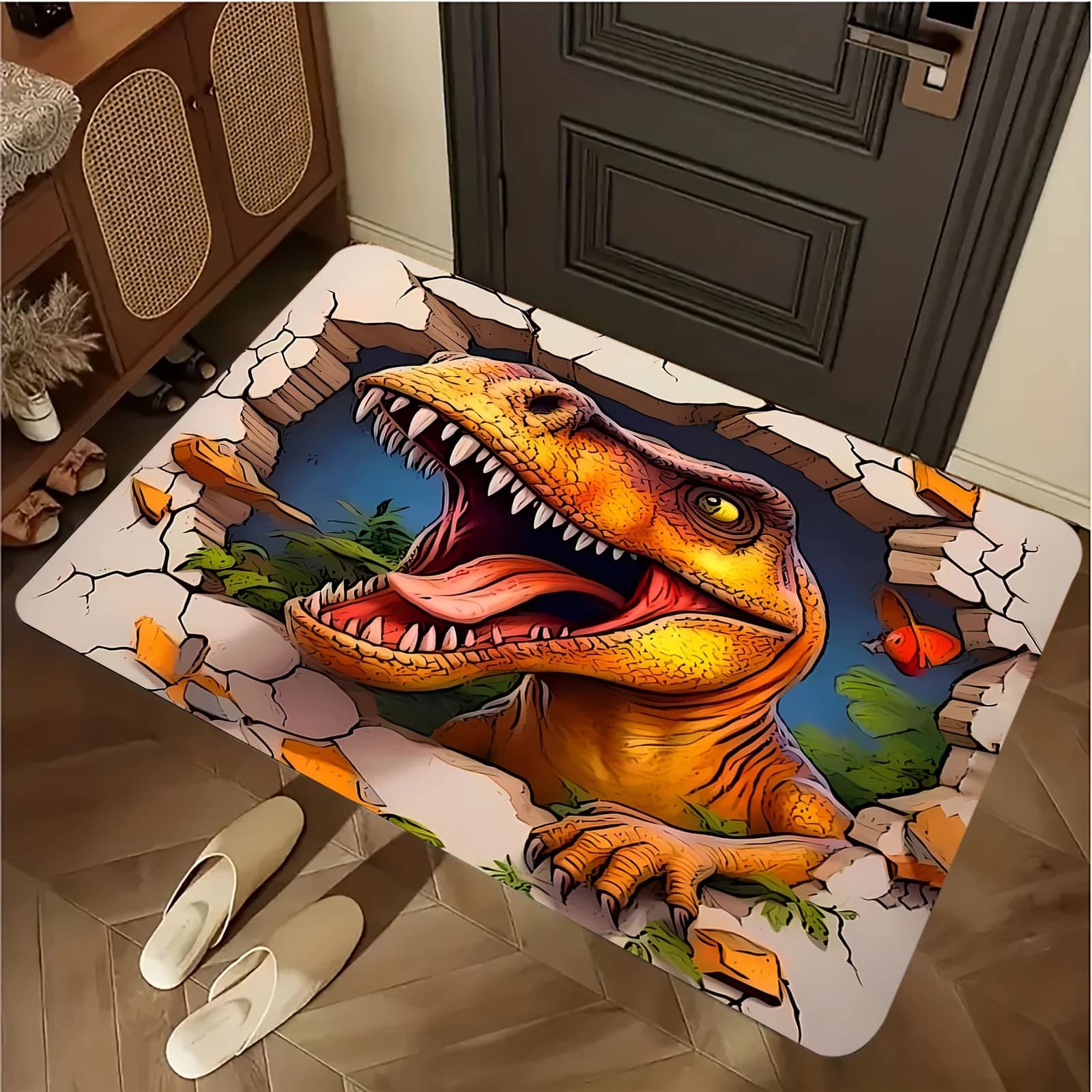 Vibrant Dinosaur Breaking Through Floor Design Rug Non Slip Machine Washable Polyester Carpet for Bedroom Play Area Home Decor