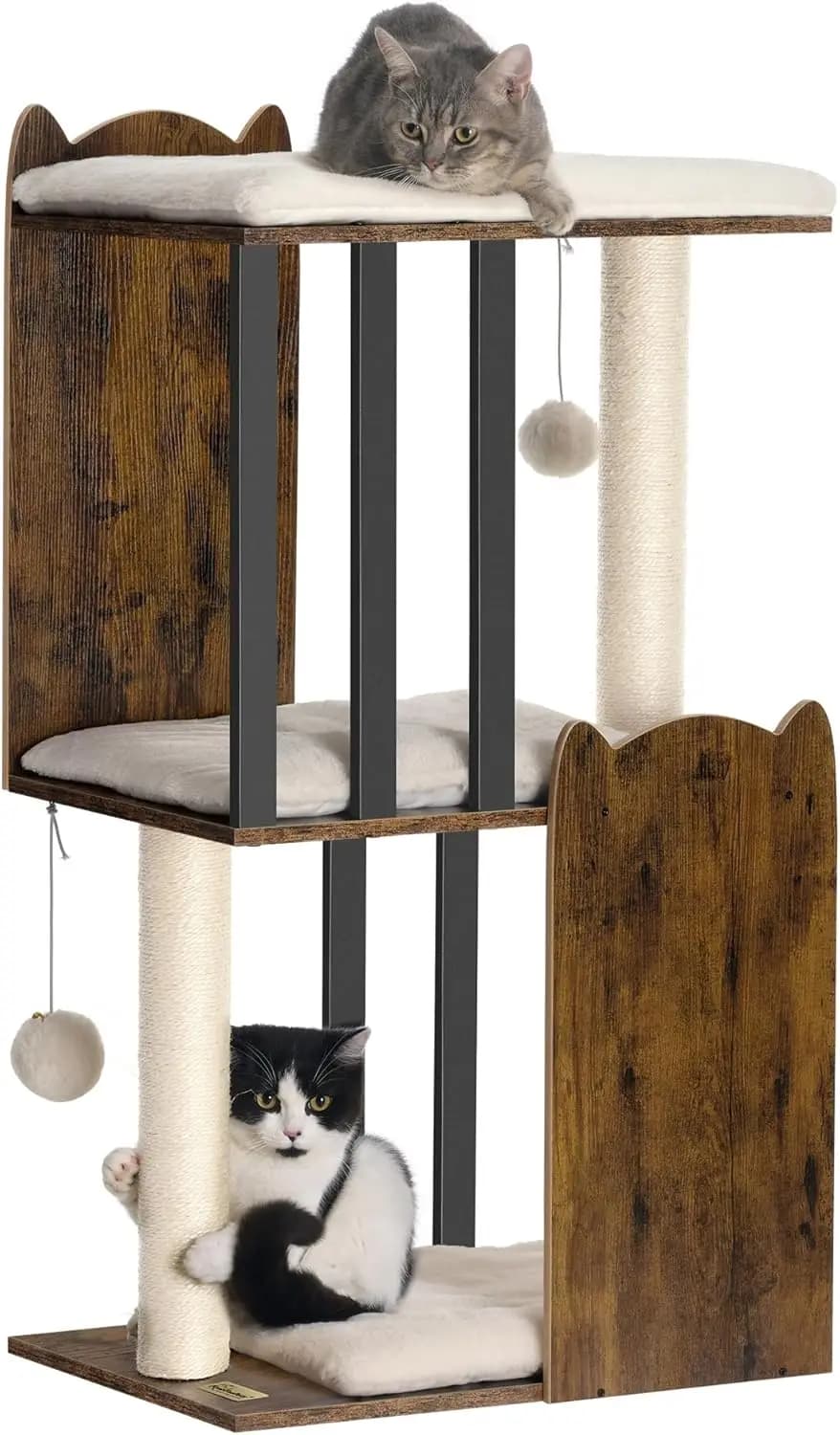 Albero per Gatti a 3 Livelli da 90 cm con Pali in Sisal, Grandi Piattaforme per Gatti da Interno, Marrone Rustico