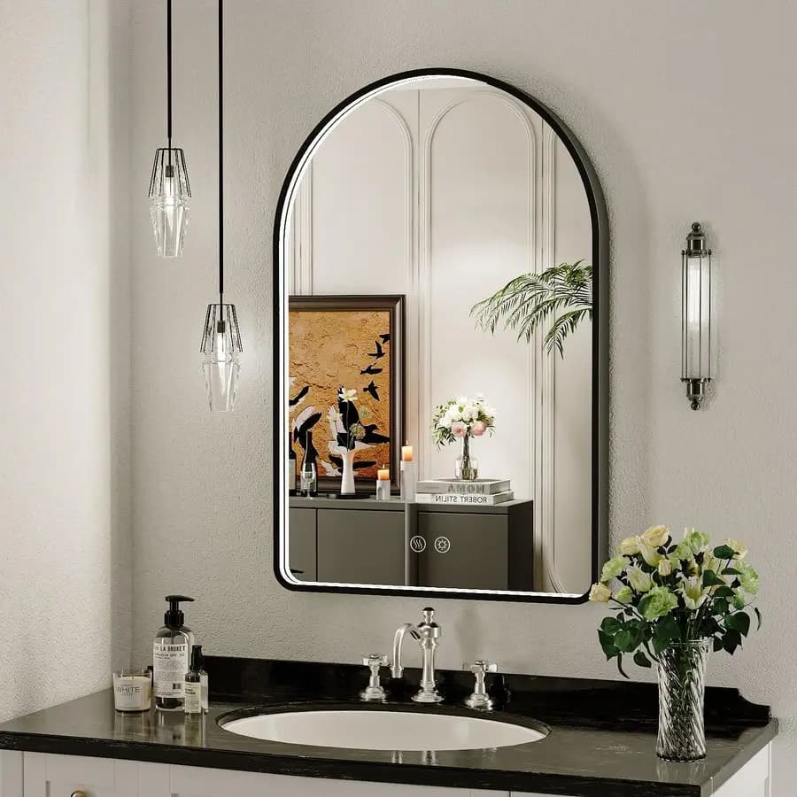 Specchio LED Arcuato da Bagno, Cornice Nera Illuminata, Antiappannamento, Dimmerabile