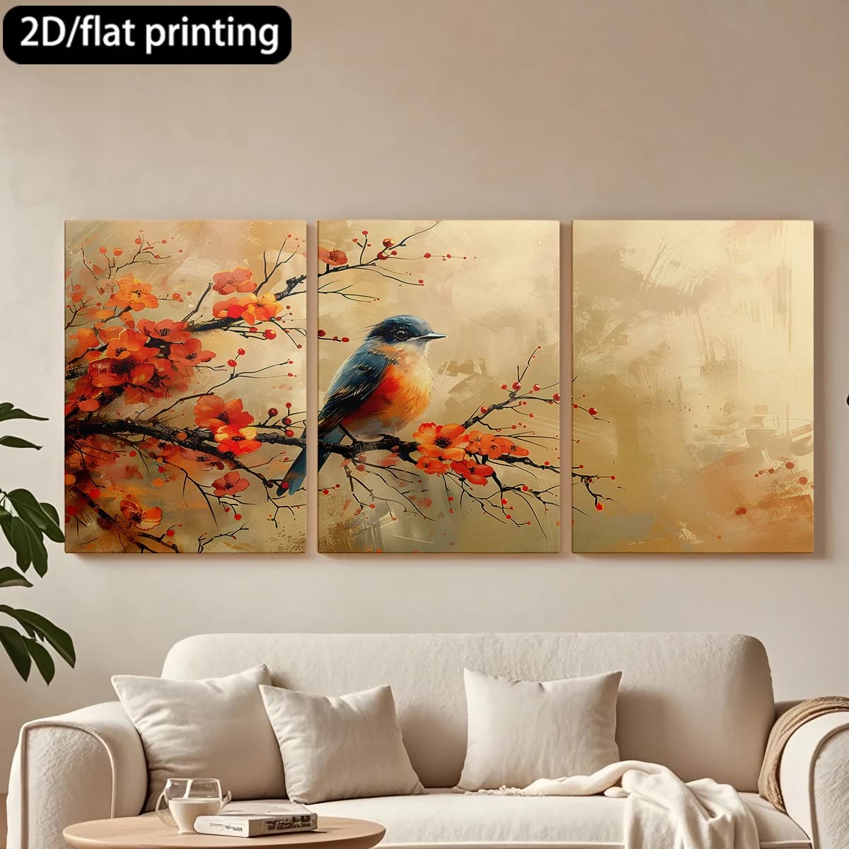 Decorative painting on canvas with wooden frame, 3 pieces. Charming bird, branch, orange flowers. Tende per camera da letto ikea.