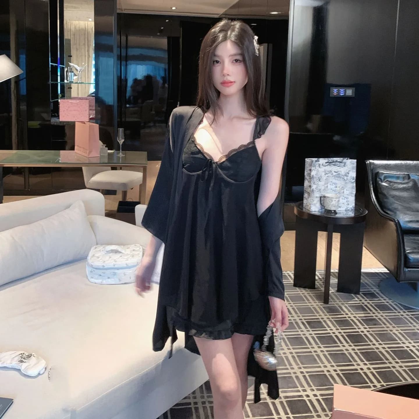 Sexy Embroidery Female Kimono Bathrobe Nightgown Mesh Lace Robe Set Summer Sleepwear Casual Satin Home Wear