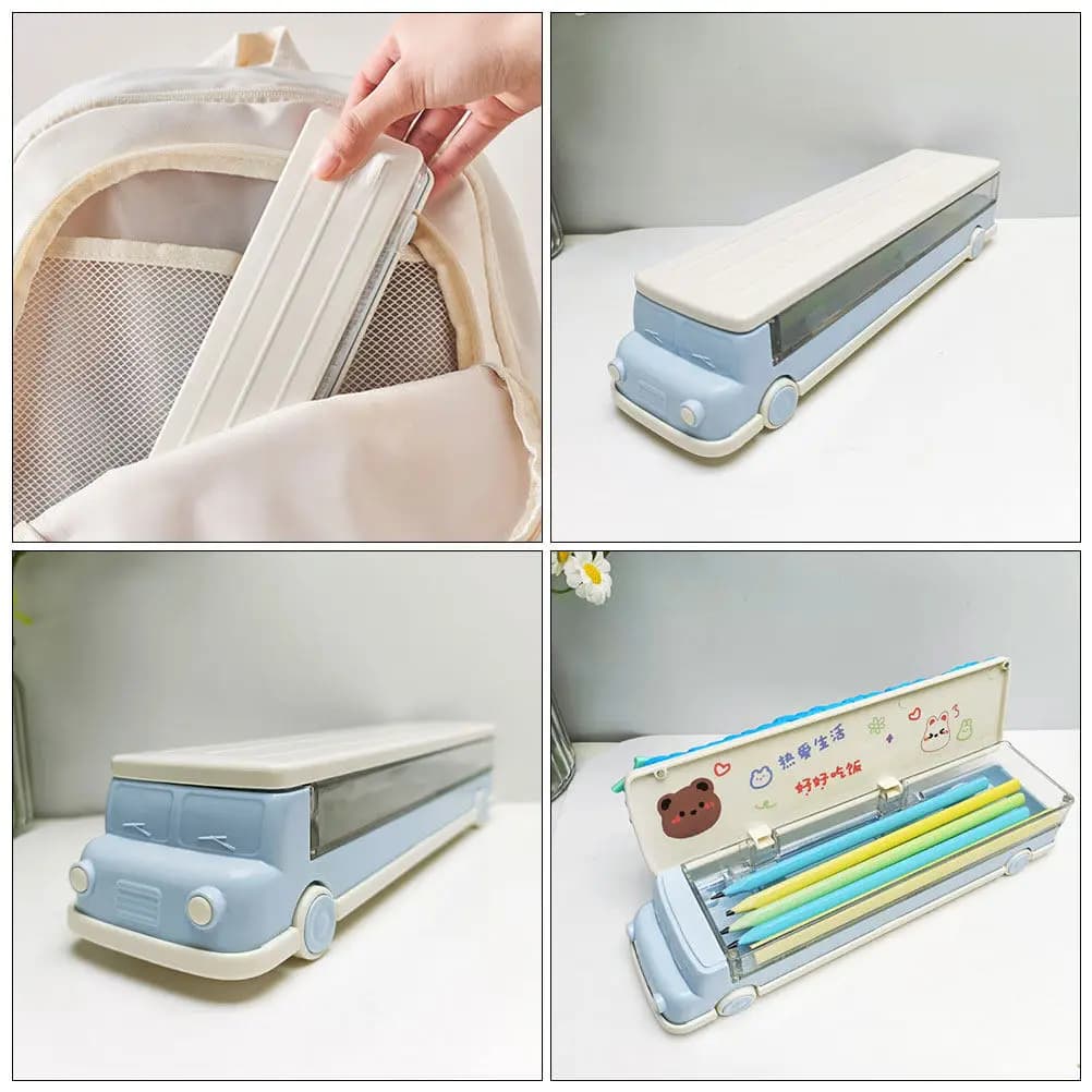 Large Capacity Double Layer Pencil Case Sturdy Plastic School Box with Car Theme for Kids Organizing Pencils Markers Crayons