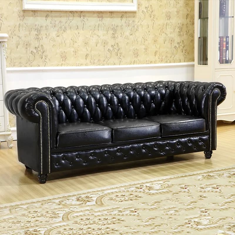 Set di Divani Chesterfield Classici in Pelle Nera per Hotel, Ufficio e Salotto, Divano a 3 Posti Trapuntato in Pelle PU con Gambe in Legno