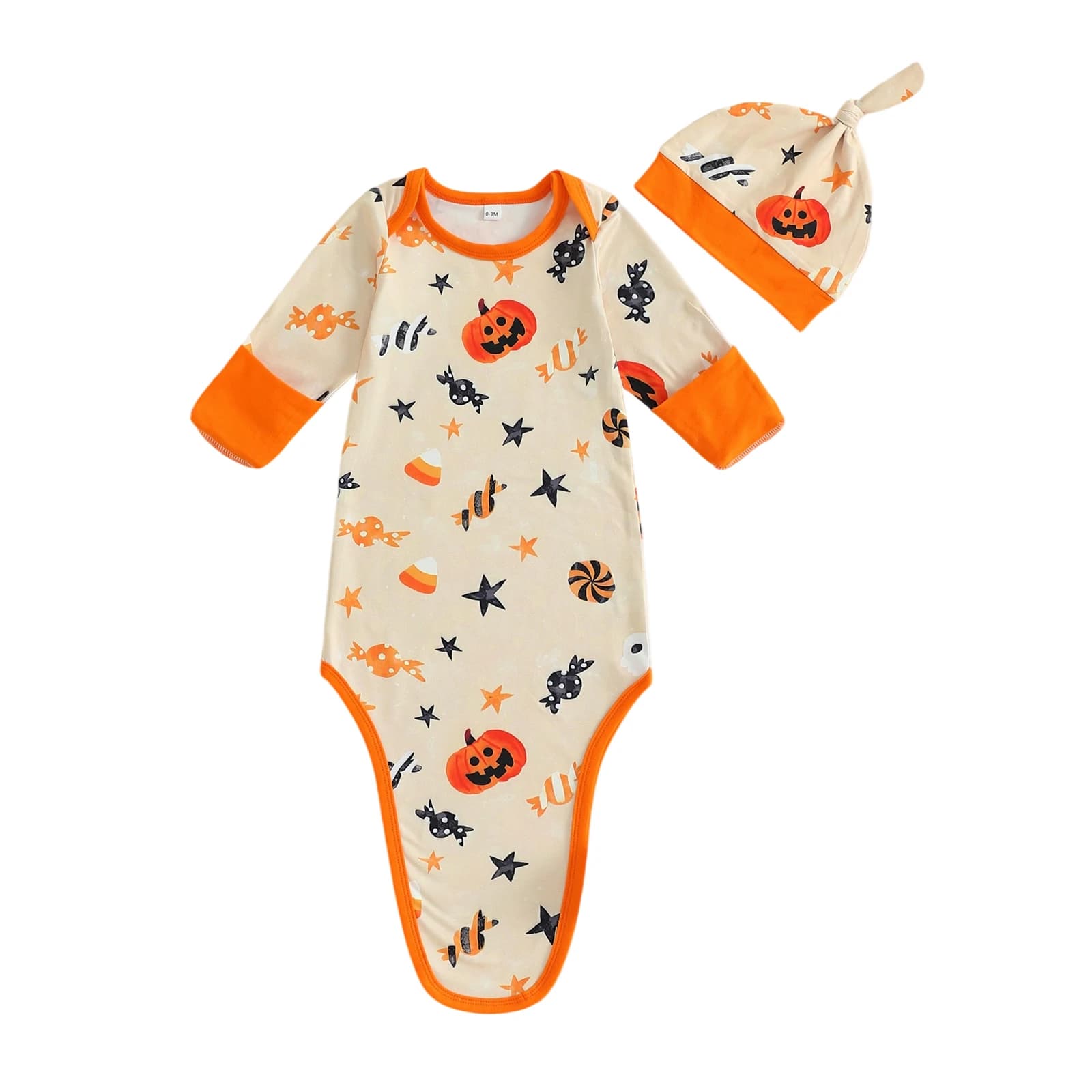 Halloween Newborn Baby Shelves with Hat Night Shirt knotted with long sleeved neckline with ghost print of cartoon pumpkin