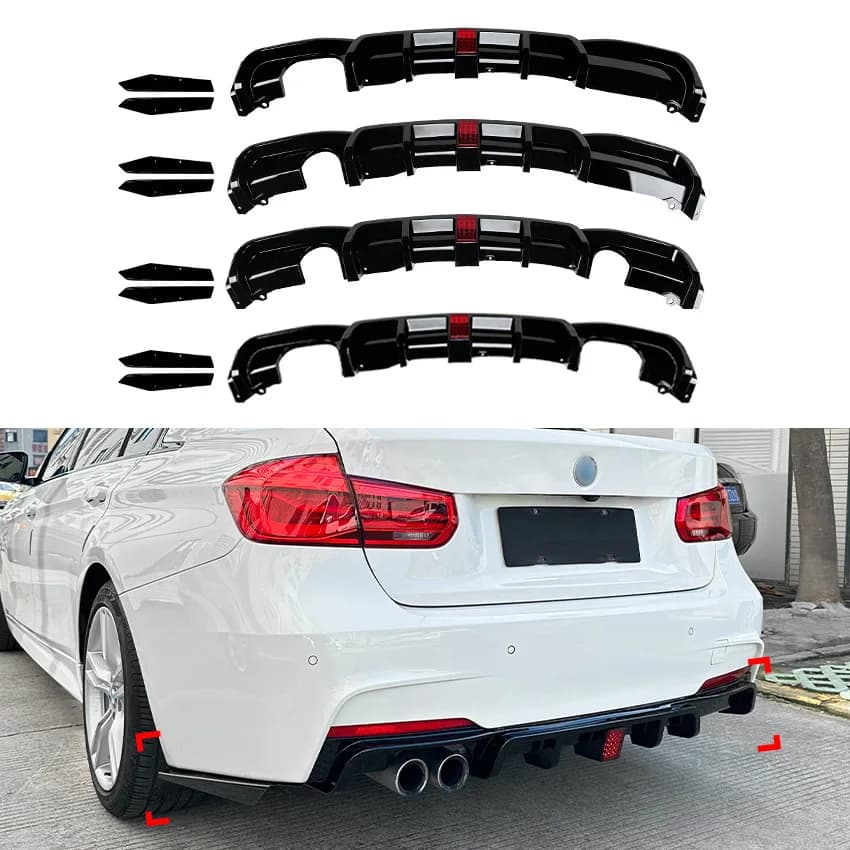 MP Style Lighted Rear Diffuser Lip & Rear Corner Canards Compatible with BMW 3 Series F30 MT 2013‑2019 Exterior Aero Trim