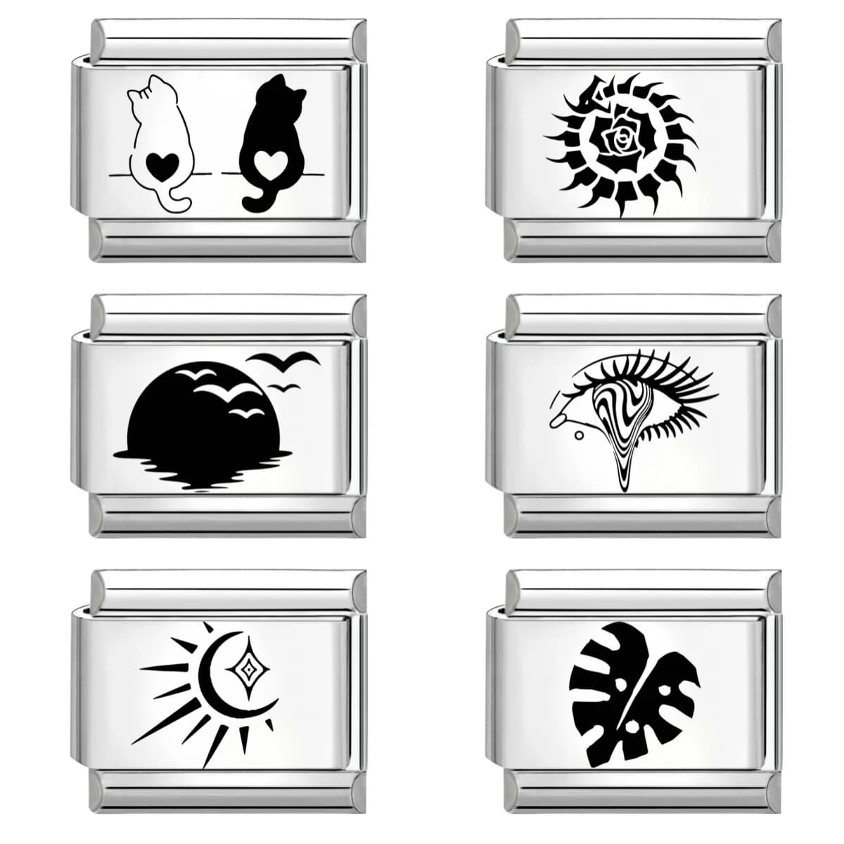 Fashion Girls' Eye Cake Sunset Butterfly Flower Cat Laser Engraving Charm Links Fit 9mm Stainless Steel Bracelet DIY Making Gift