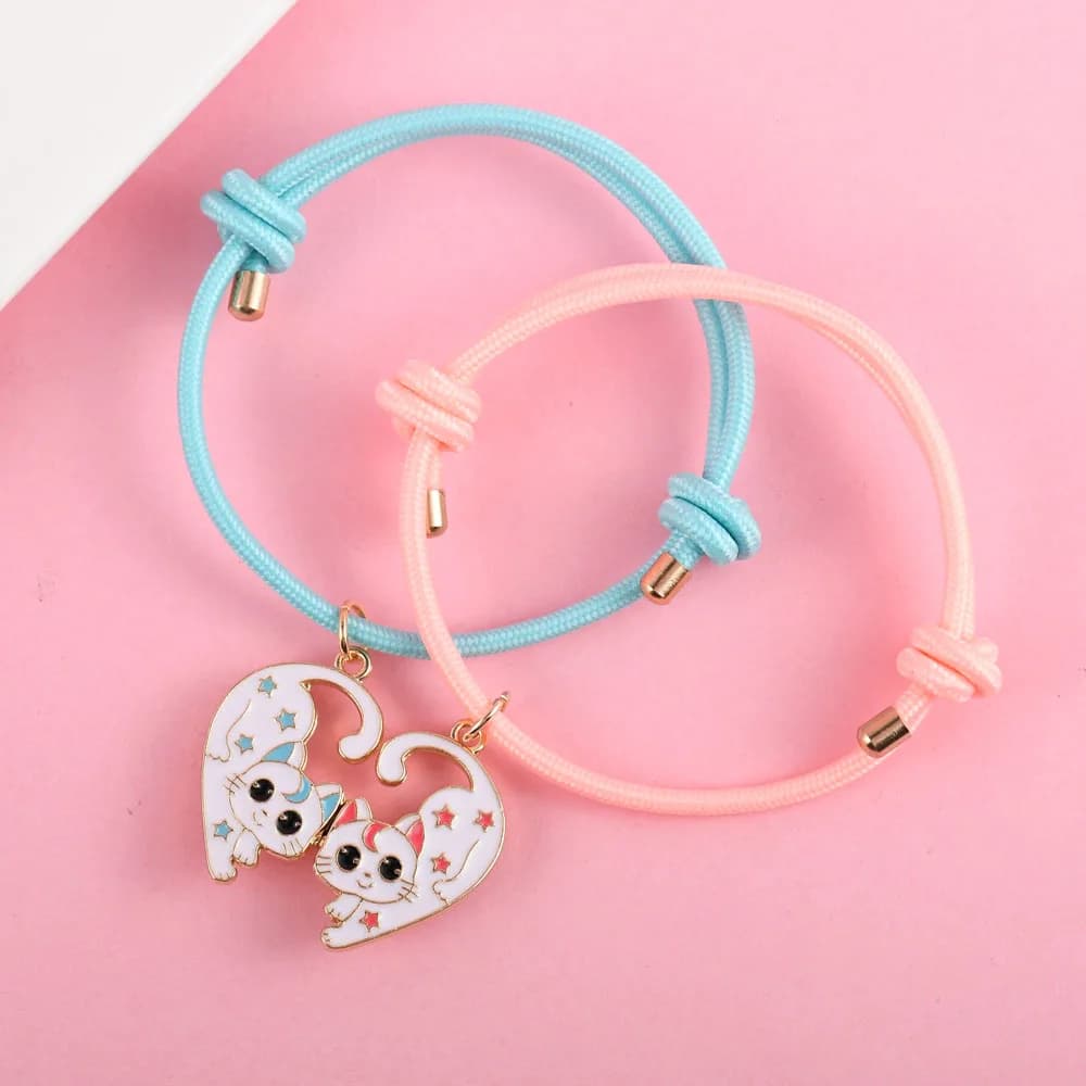 Winoneday Set di 2 Braccialetti dell'Amicizia a Forma di Cuore con Gatto, Gioielli BFF per Ragazze