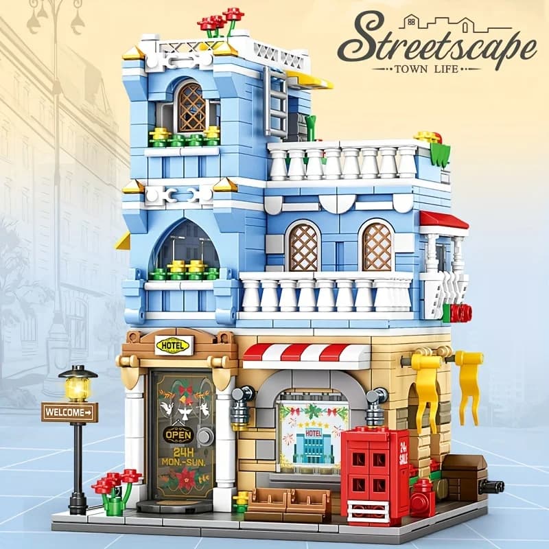 Set di Costruzioni Architettoniche da 700+ Pezzi: Supermercato, Hotel, Negozio di Abbigliamento, Vista Cittadina - Modellino Miniatura da Assemblare per Bambini