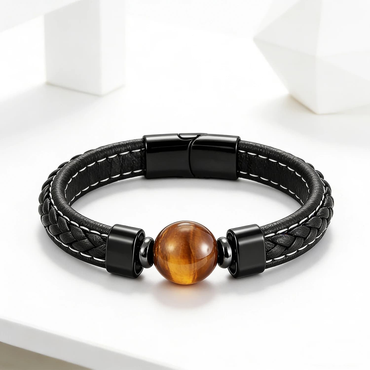 Bracciale da uomo in pelle con pietre naturali, occhio di tigre, pietra lavica, chiusura magnetica in acciaio inossidabile, braccialetto alla moda, gioielli vintage da uomo