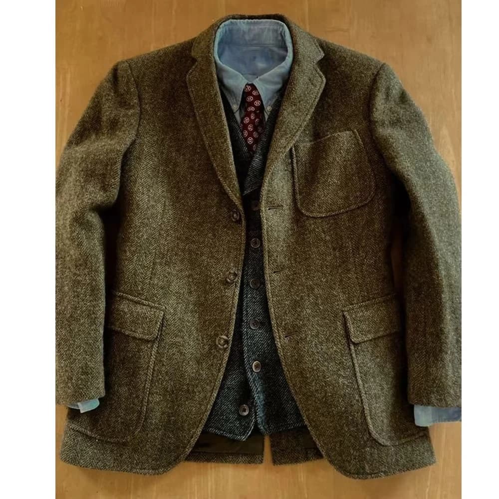 Men's Herringbone Tweed Blazer Classic Notch Lapel Three Button Sport Coat Vintage Wool Blend Jacket for Business & Smart Casual