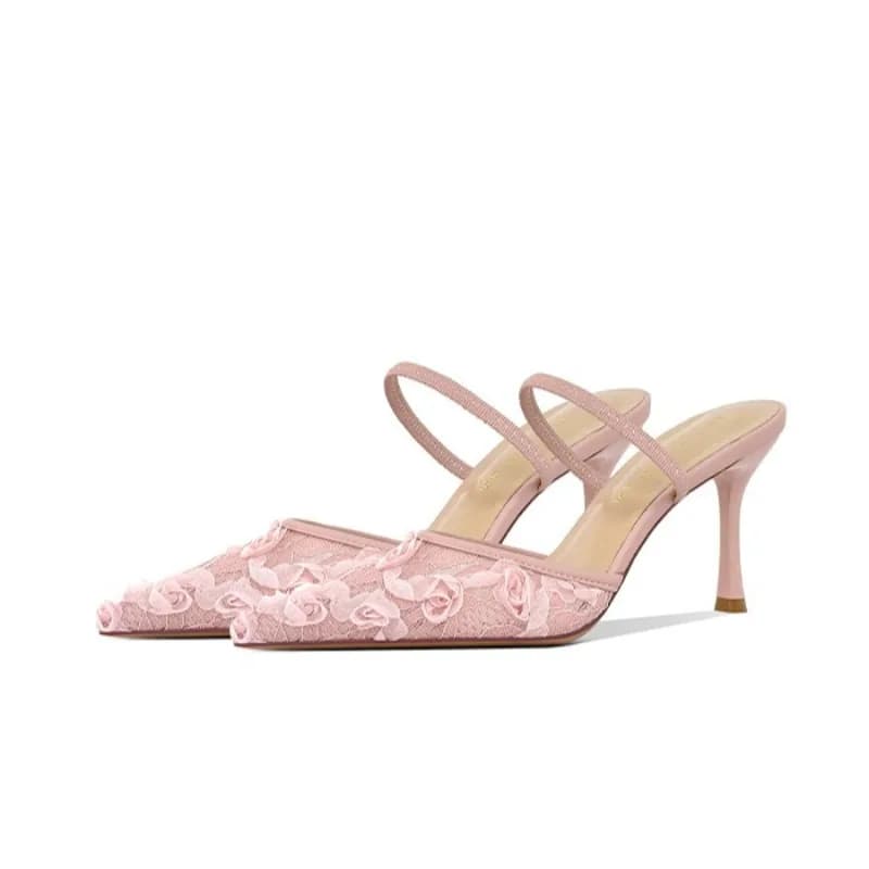 Sandali da donna a punta, ciabatte con tacco rosa, nuove ciabatte estive da donna in rete con tacco sottile e pizzo, fresche e comode per l'esterno