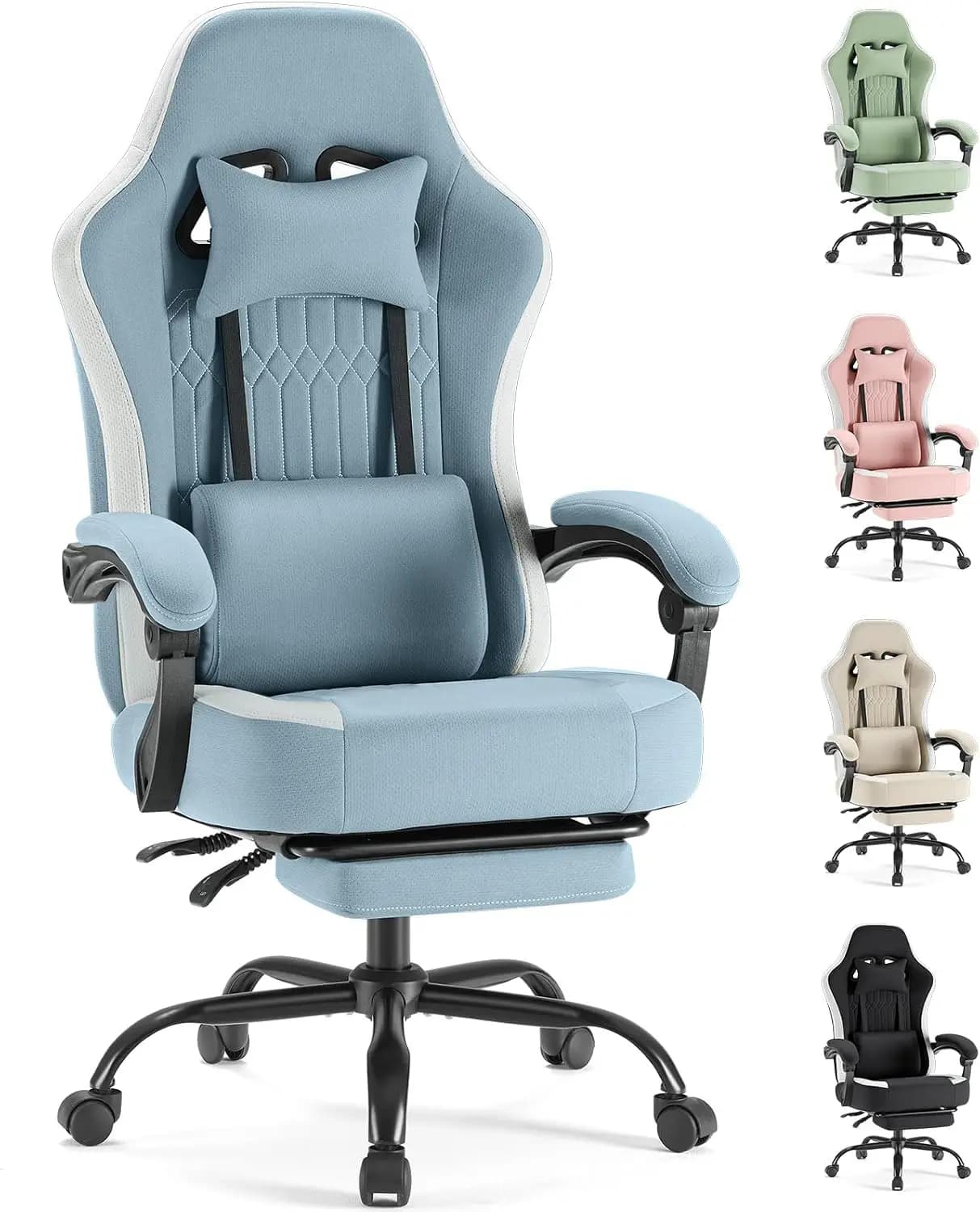 High Back Ergonomic Gaming Chair with Footrest & Lumbar Support, Height Adjustable, Blue
