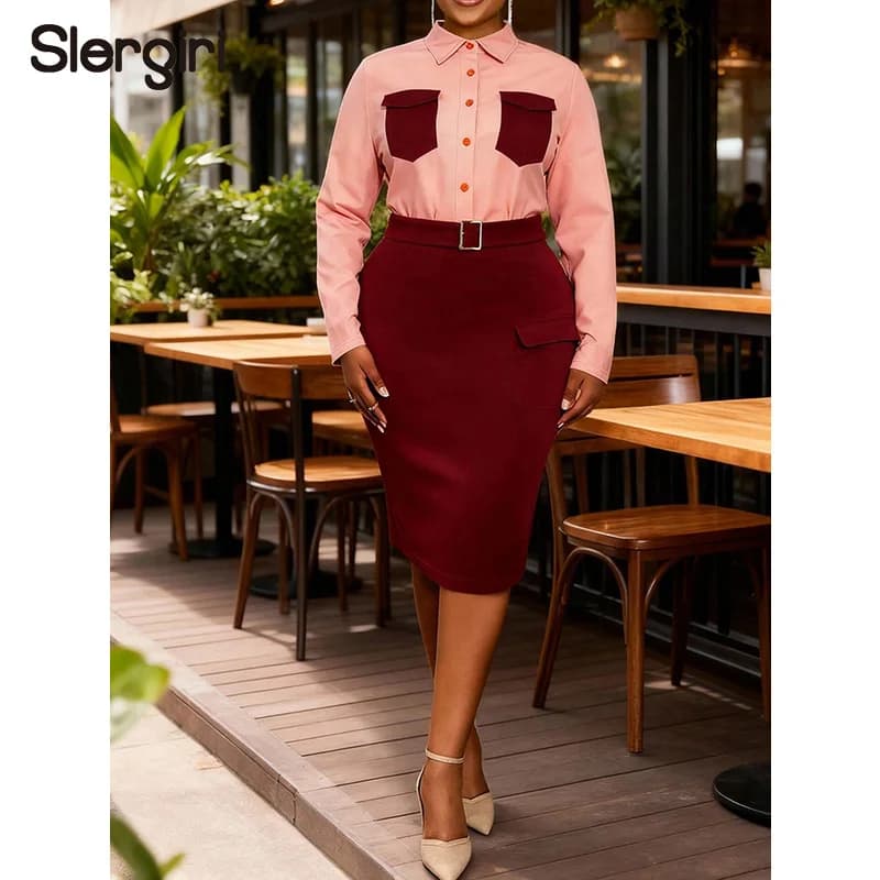 Slergiri Plus Size Two Piece Outfit Women 2026 Spring Long Sleeve Shirt + Bodycon Pencil Skirt Sets Office Ladies Workwear
