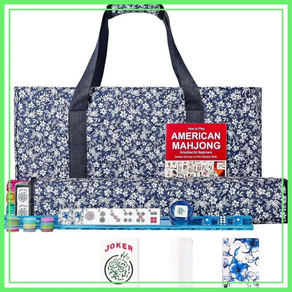 Set Mahjong Americano da 166 Pezzi, Tessere in Acrilico con Design Floreale Blu, Set Completo con Supporti e Borsa per il Trasporto