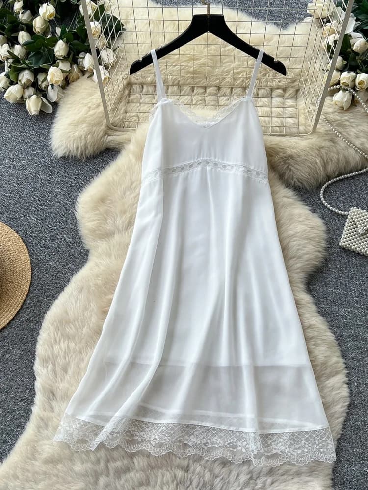 Lace Hollow out White Sleeveless A-Line Dress Women's Summer Soft Lazy Style Sexy Slimming Sleep Dress Korean High Waist Poly...