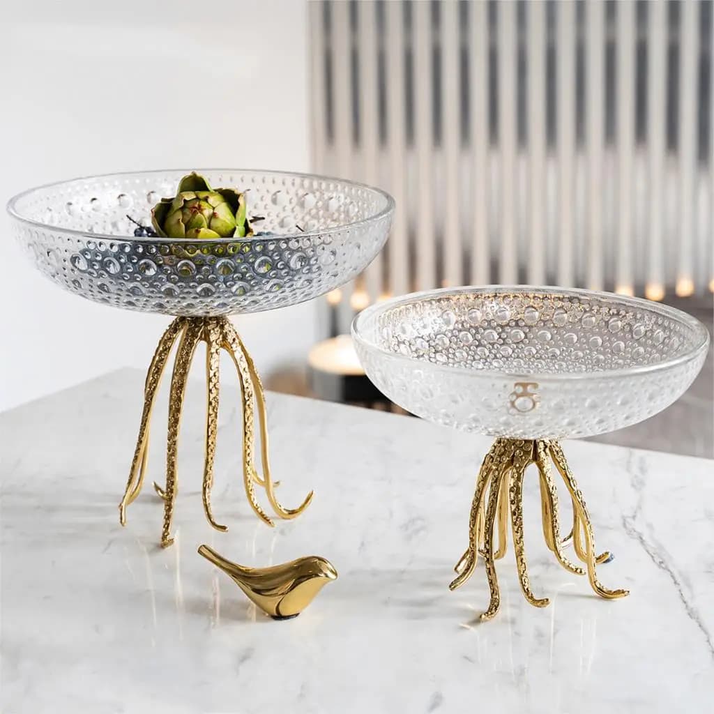 Lussuosa Statua in Metallo a Forma di Polpo, Piatto per Frutta in Vetro, Decorazione Creativa per Soggiorno, Ciotola per Frutta Secca, Porta Caramelle