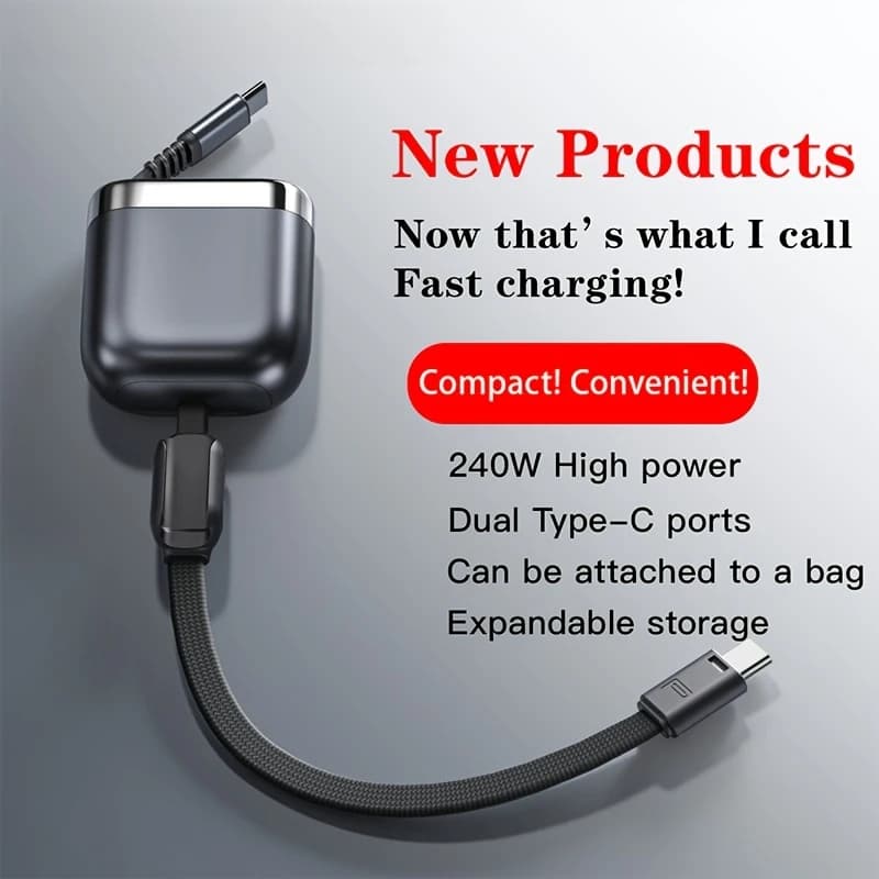 240W PD Retractable USB C Cable Single Core Fast Charging Cord Portable Tangle-Free Travel Business Office Safe Stable Charging