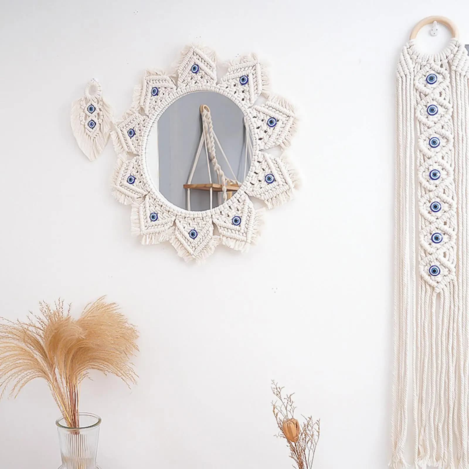 Macrame Hanging Wall Mirror Makeup Mirror Round for Bedroom Dorm Living Room