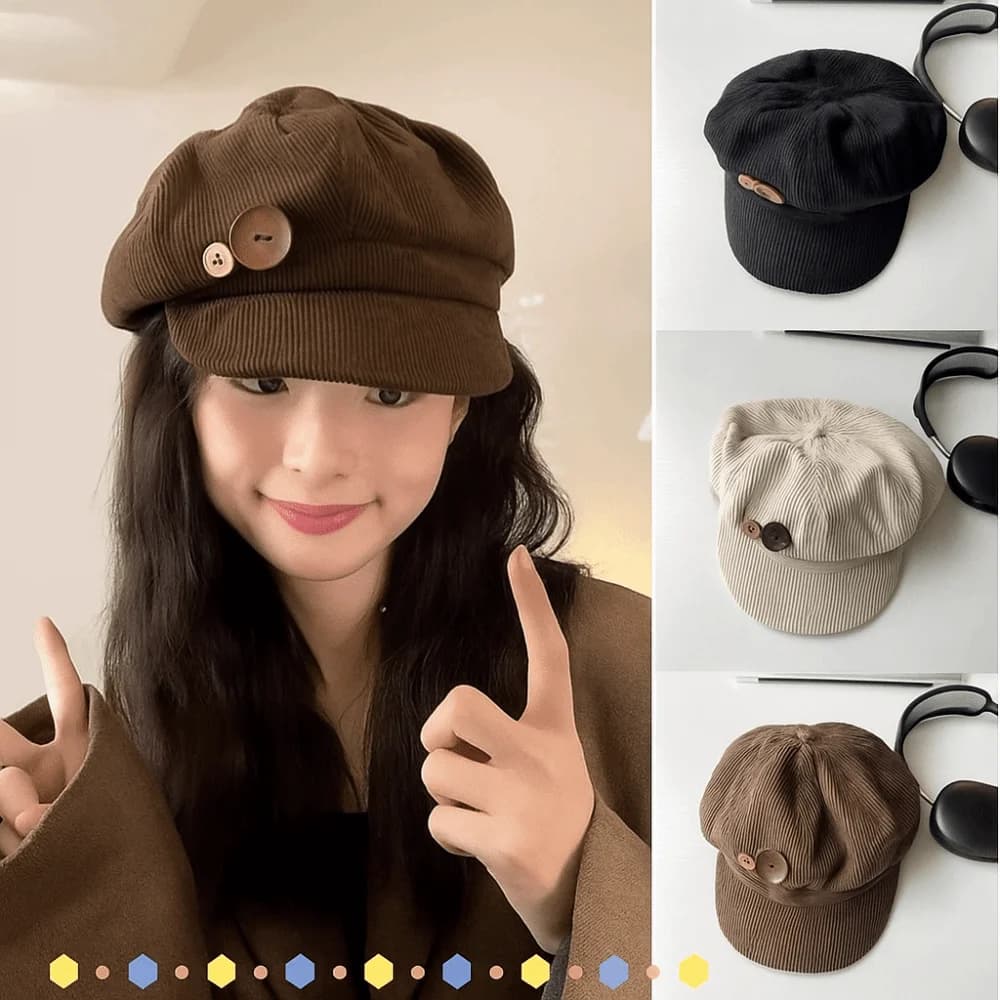 Cappello berretto semplice Y2k con doppio bottone Cappello da pittore giapponese Harajuku Berretto da baseball in velluto a coste JK antivento invernale