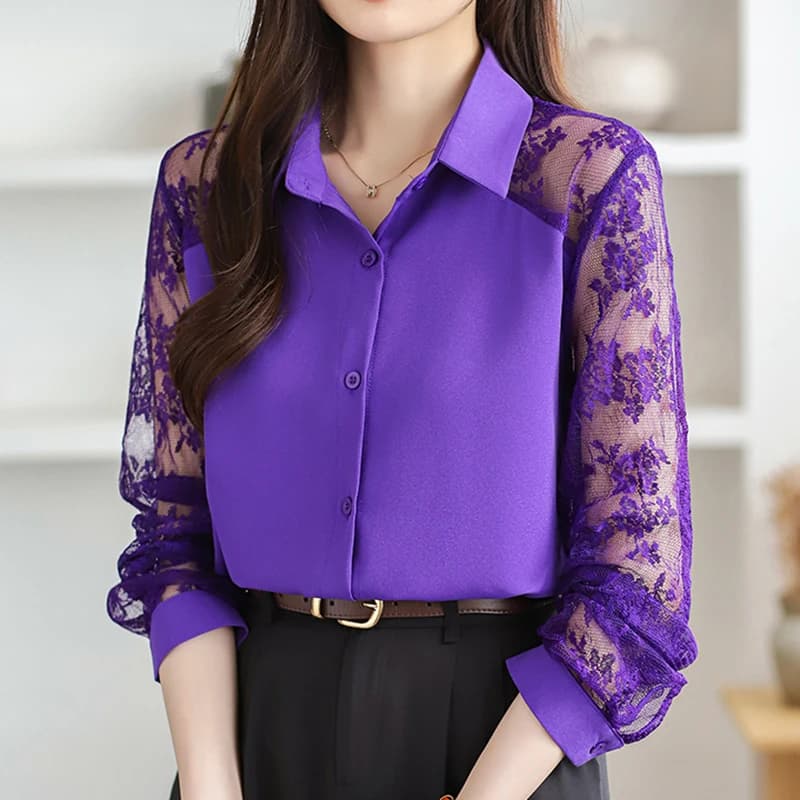 Shirt Women Spring Summer Polo Collar Lace Chiffon Blouse Long Sleeve Cardigan Elegant Office Loose Tops Crochet Shirt Black
