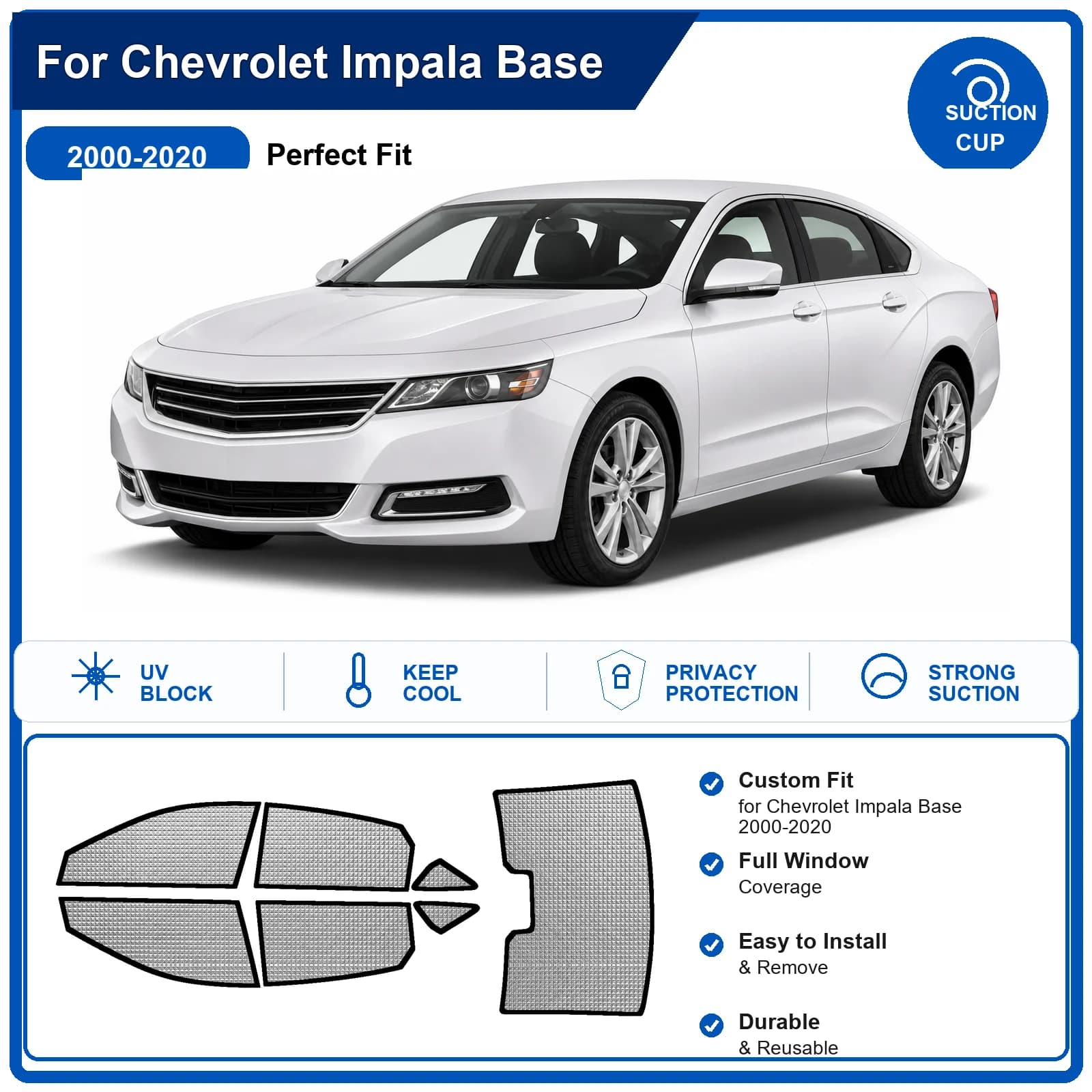 For Chevrolet Impala Base 2000-2020 Custom Full Set Windshield Sun Shade Aluminum Foil Heat Insulation Anti UV Foldable