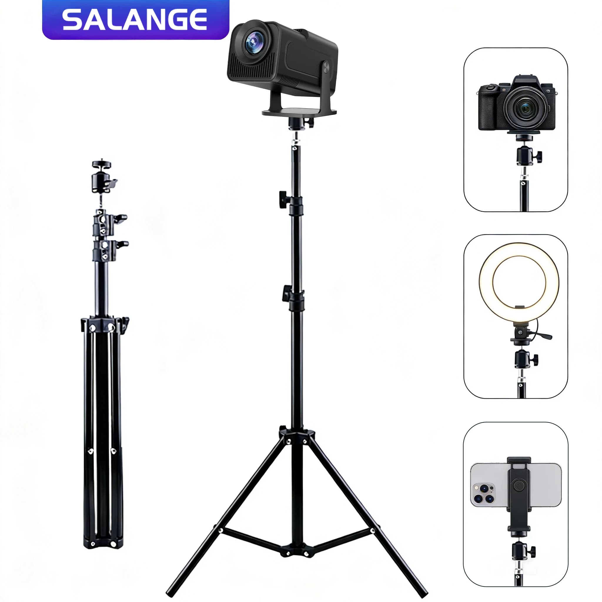 Treppiede Professionale per Proiettore con Testa Rotante a 360°, Altezza Regolabile, Supporto per Luce ad Anello e Telefono, Portatile