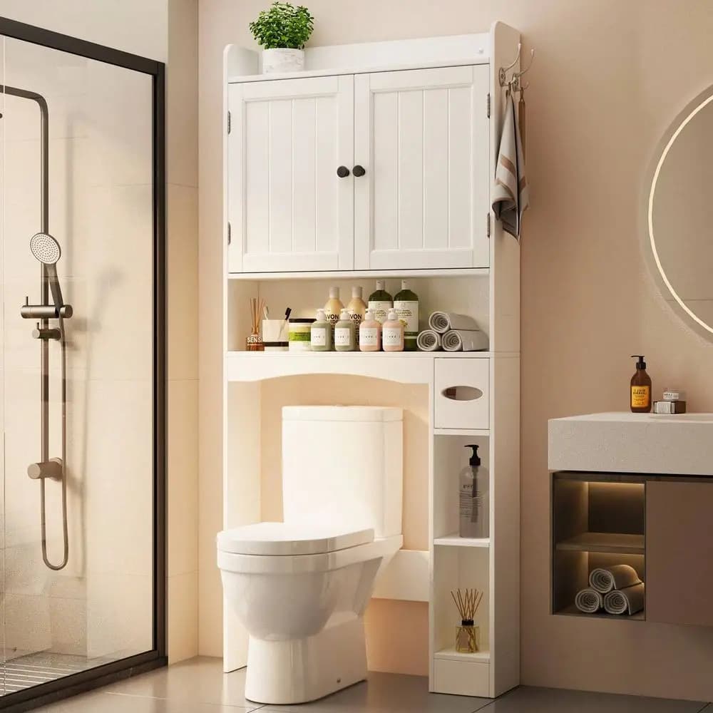 Mobiletto portaoggetti da bagno, mobiletto salvaspazio sopra il WC con ripiano regolabile e porta carta igienica, mobiletto da bagno autoportante