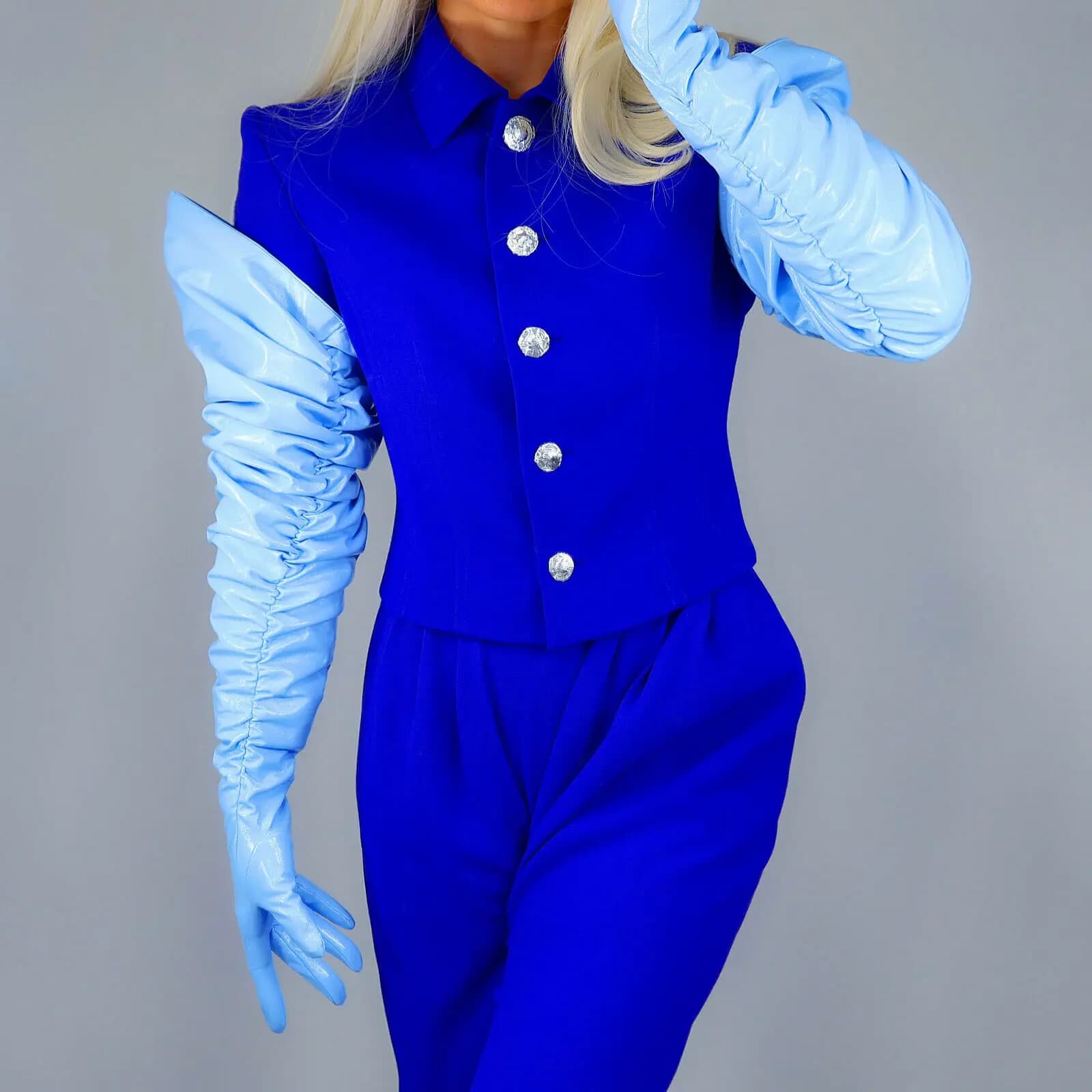 Guanti Blu Arricciati in Finta Pelle Verniciata 40 Pollici 100cm Extra Lunghi Lucidi Effetto Olio LATEX Moda Sera Cosplay Costume Halloween