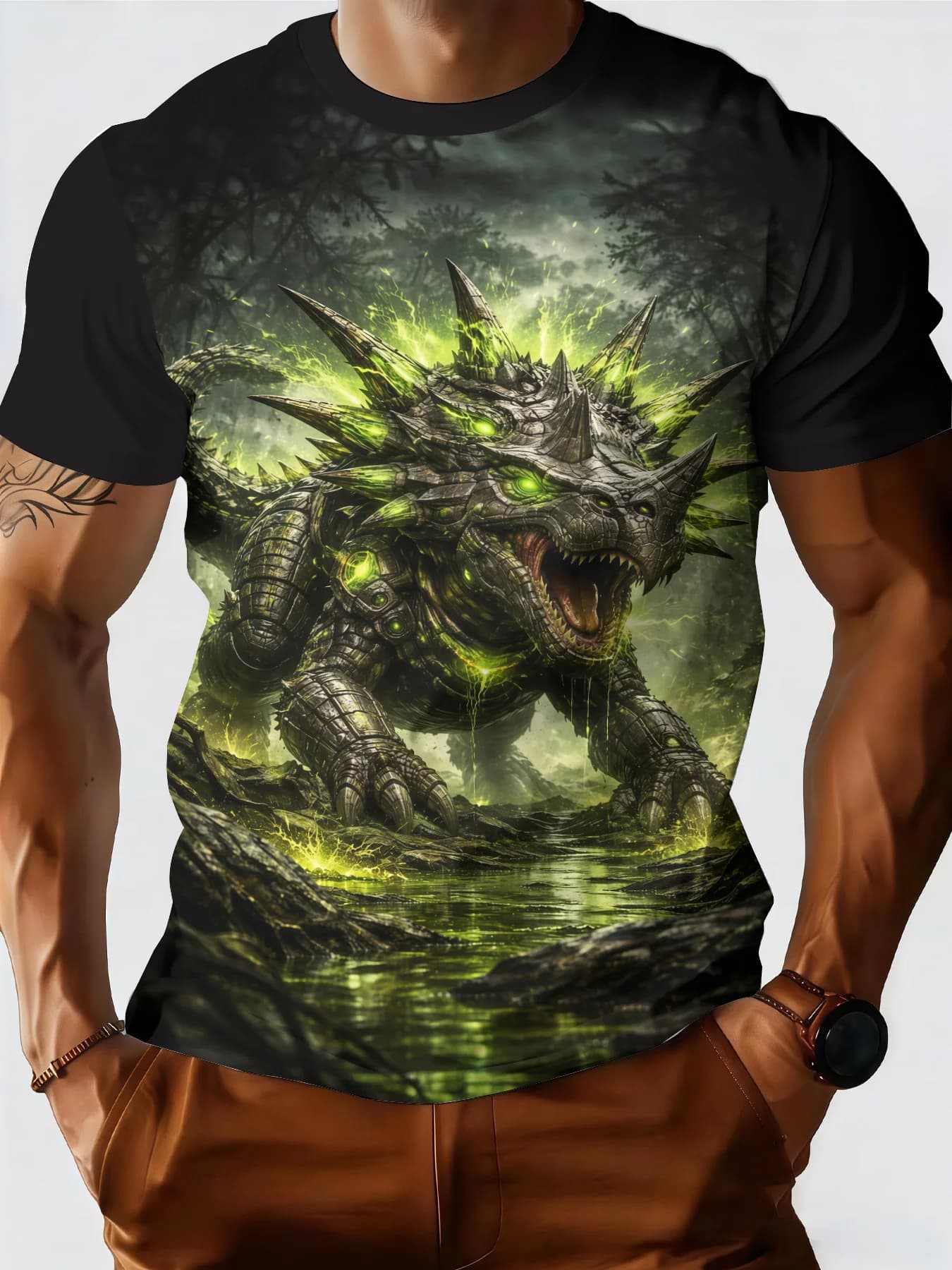 Nuova T-shirt Estiva da Uomo con Collo a O, Stampa 3D Verde, Mezza Manica Traspirante, Manica Corta per Uso Quotidiano, Casual e Sportivo