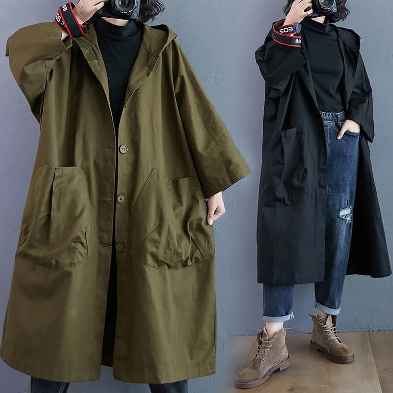 Long Oversized Hooded Coat Women's Windbreaker Jacket with Big Pockets Knee-Length Straight Cut Cotton Polyester Spring Season