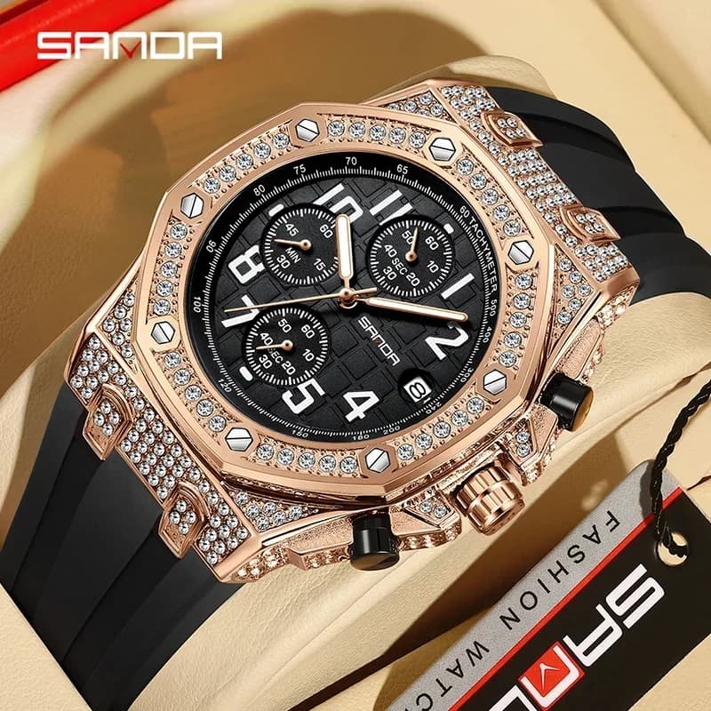 SANDA 7026 Men's Quartz Watch Fashion Leisure Diamond Luminous Date Simulation Display Silicone Strap Men's Gift Watch