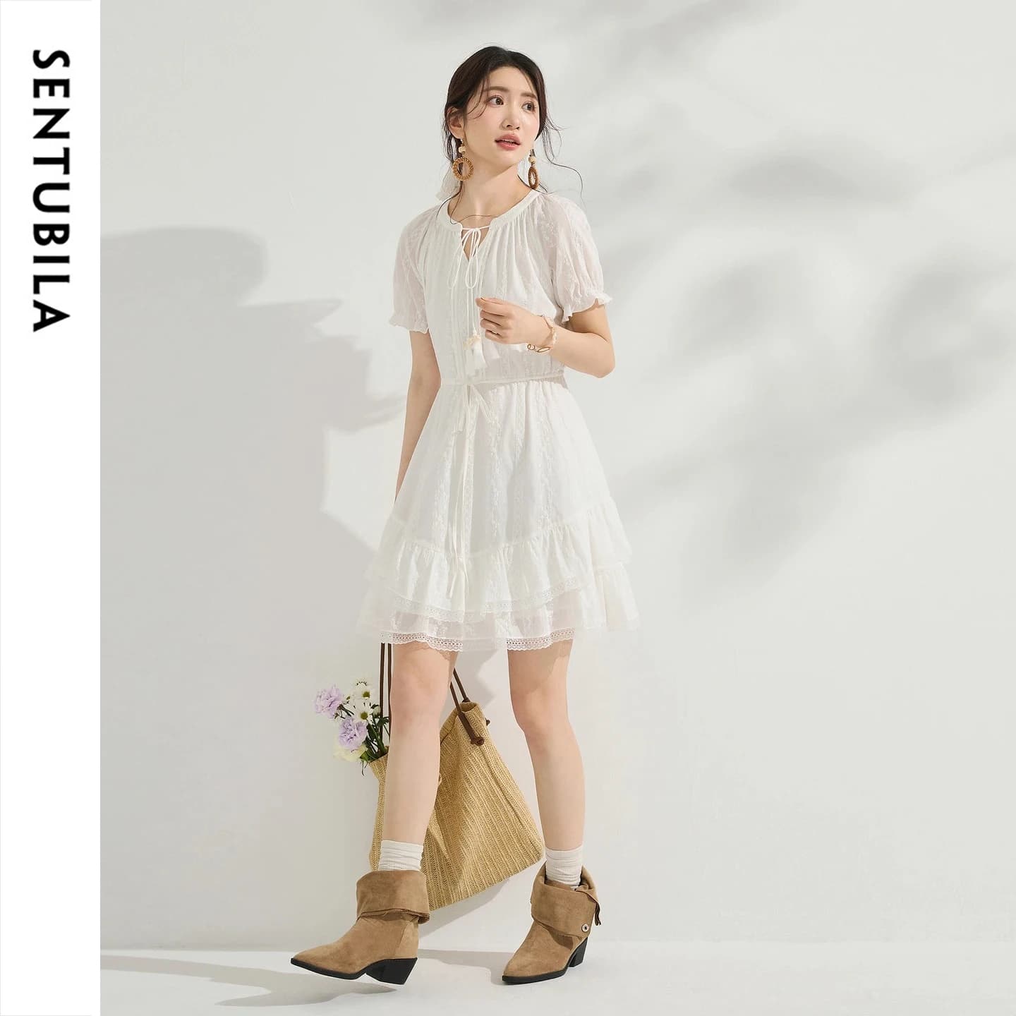 SENTUBILA White Cotton Embroidery Dresses Women Tie V-neck Detail Drawstring Waist Lace Hem Short Sleeve Mini Dress 162LK7175